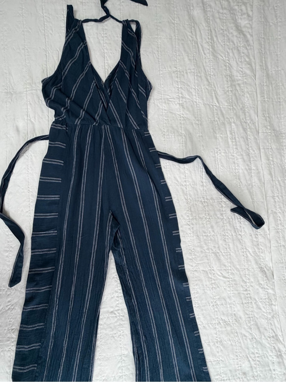 lovestitch Navy and White Striped Wide Leg Halter Jumpsuit, Women’s Size Large